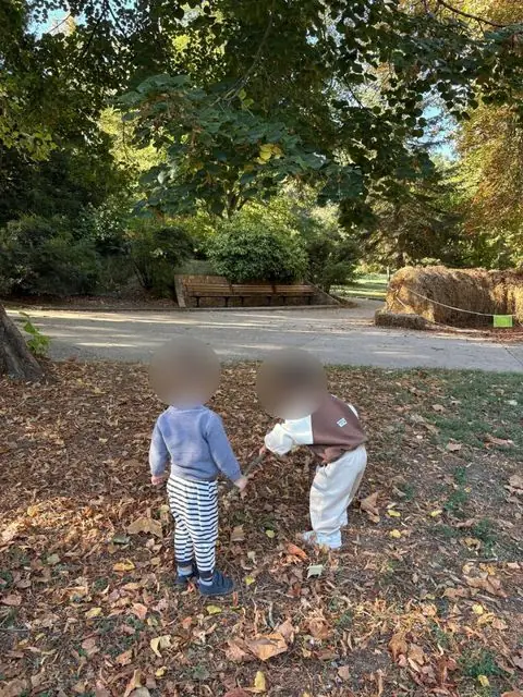 Deux enfants dans les feuilles mortes d&rsquo;un parc